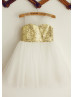 Gold Sequin Ivory Tulle Knee Length Flower Girl Dress